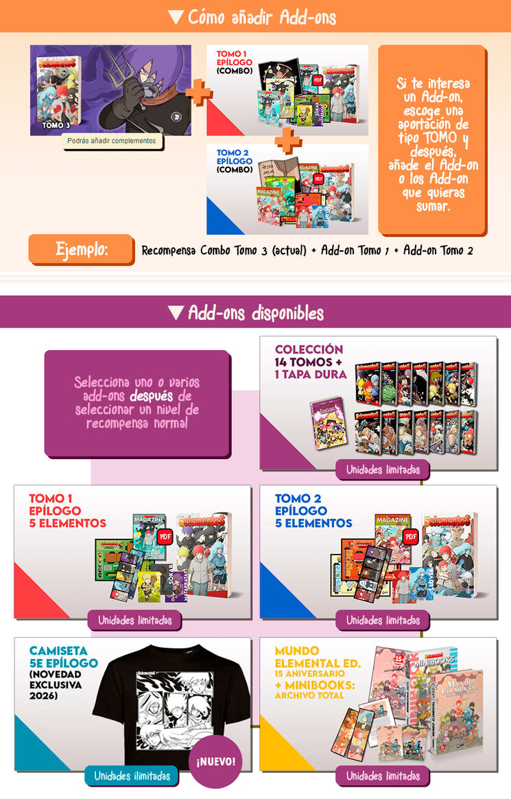 Para añadir un add-on, debes seleccionar primero una recompensa normal, y después, escoger los add-on que te interesen (también disponibles envíos internacionales)