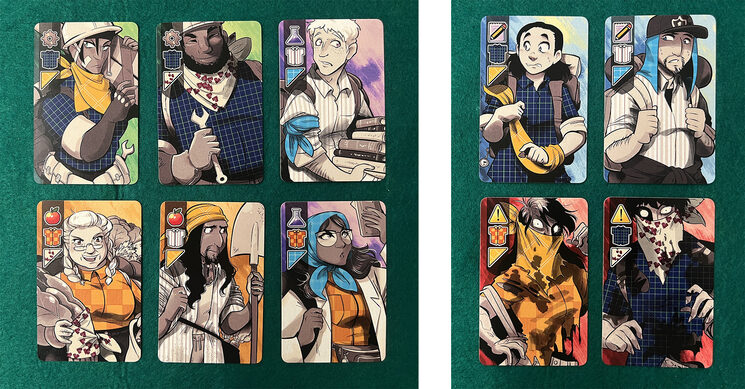 Algunas de las cartas de especialistas (a la izquierda) y de ayudantes y zombis (a la derecha)
