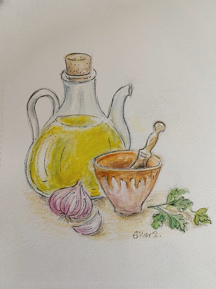 Aquarela pintada a mano con motivos de cocina