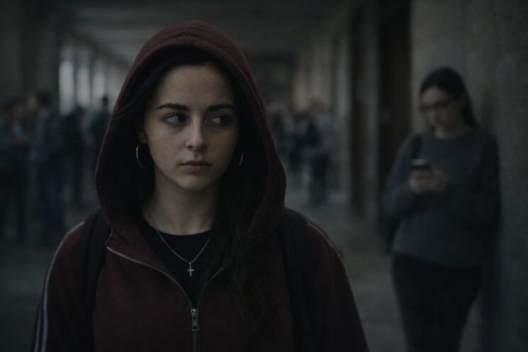 Anna, personaje principal del cortometraje ¡Reacciona!, está caminando por un pasillo de universidad mirando de reojo a María