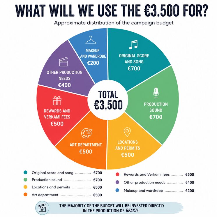 Budget breakdown for the production of React! Production (Total: €3,000) 📍 Locations and permits — €500 🎵 Original score and song — €700 🎤 Production sound — €700 🎨 Art department — €500 💄 Makeup and wardrobe — €200 🎬 Other production needs — €400 Campaign (Total: €500) 🎁 Rewards and Verkami fees — €500