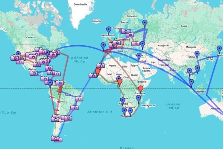 Mapa con rutas de viajes entre 1989 y 2009
