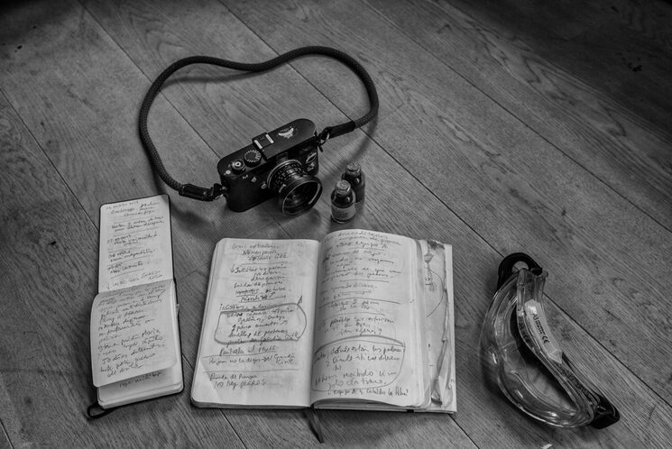Leica M Typ 246, La Palma con las libretas de notas y las gafas para proteger los ojos del polvo minúsculo de las cenizas del volcán. Aun así, entraban por todas partes dañando las lentes. 2021