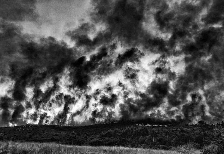 En los años 80 del siglo XX, comencé un proyecto sobre los incendios en Galicia. En 2006 se intensificaron y en 2017 y 2025 ya pasaron a ser de sexta generación. Desde la antropología visual he querido investigar los motivos, y me he encontrado con que otros colegas periodistas también van en la misma línea de conocer más a fondo el tema. Cada sesión, o cada temporada de fuego, se inicia en verano, cuando se dan las condiciones ideales para que los incendios se propaguen muy rápido. Detrás de todo esto hay intereses, cientos de millones de euros, mala política forestal, grupo criminal G6, unos pocos pirómanos, despoblamiento rural, emigración, diáspora, falta de medios, bomberos forestales que ponen en riesgo sus vidas, abandono por completo de los montes... y una larga lista que es fácil de comprobar si buscamos las causas. Burning land. 2006-2025.