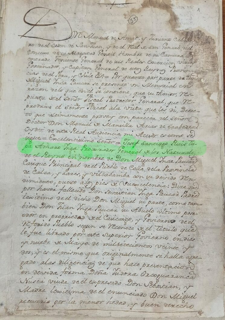 1774 José Santiago Ruíz Tupac Amaru Inca, Procurador general de los Naturales