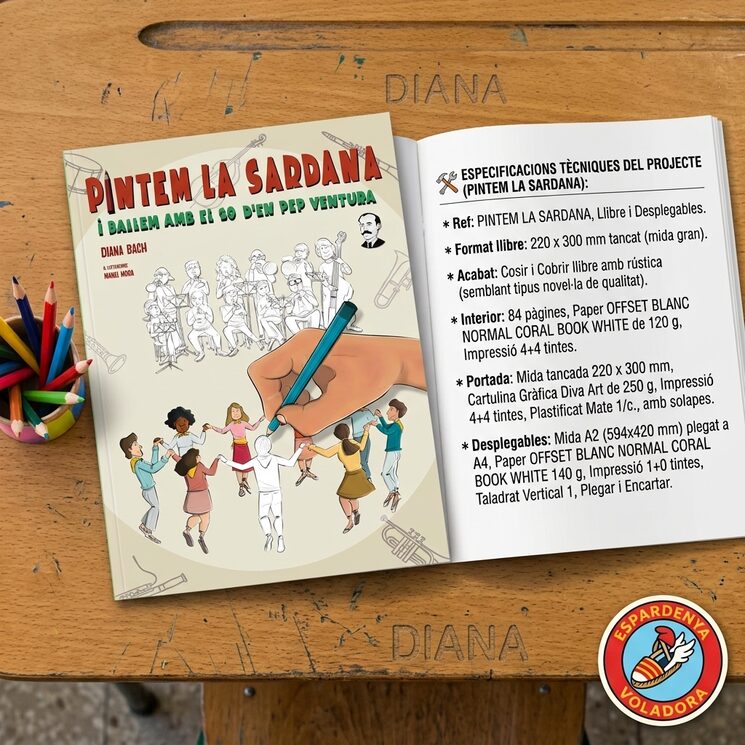 Dades tècniques del llibre Pintem la Sardana i del desplegable A2 de la plaça de sardanes per pintar.