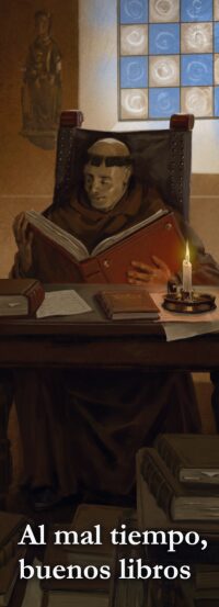 Marcapáginas 7,4x21 cm de un monje leyendo. Ilustrado por Daniel Belchí